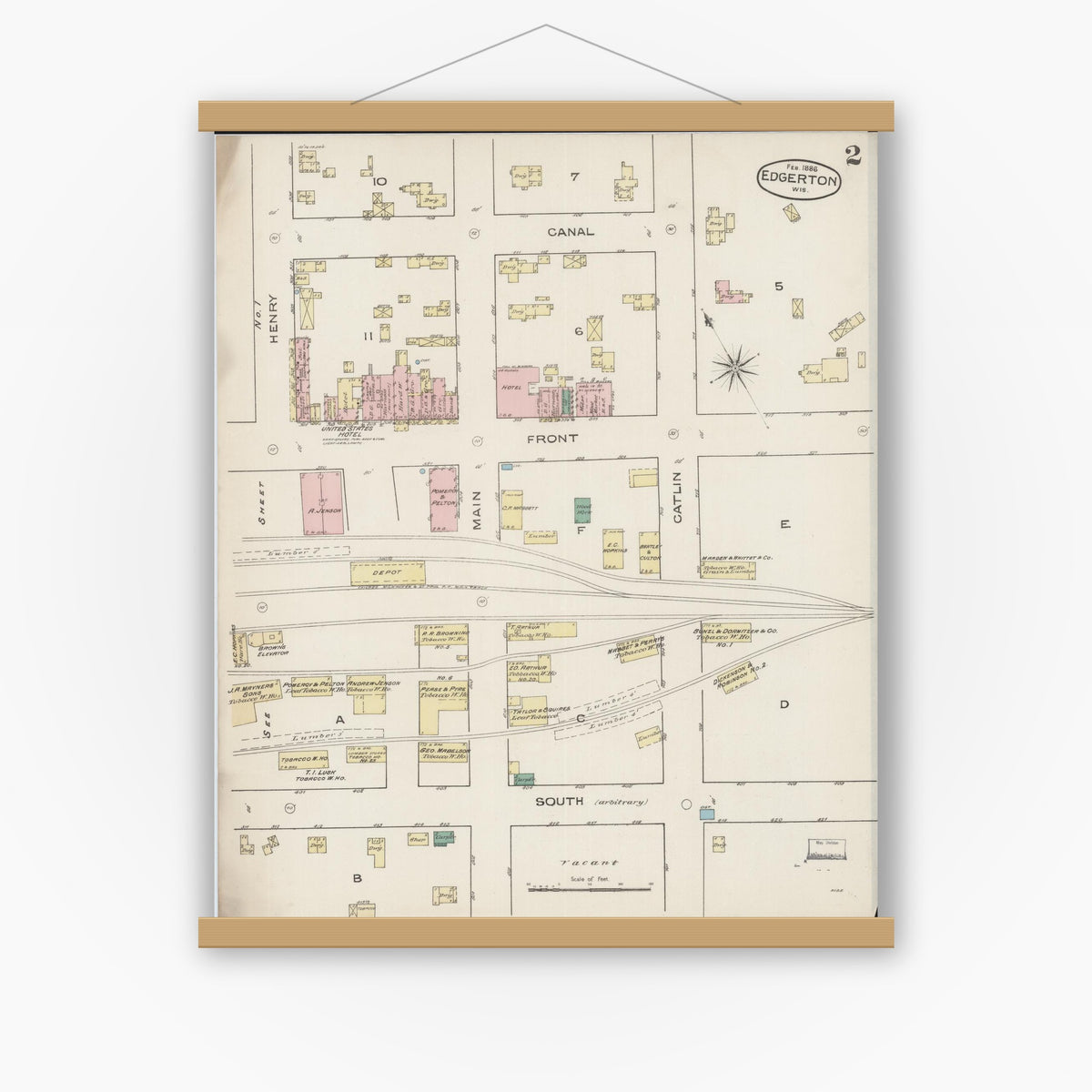 Old map wall art mockup — magnetic wood frame on white wall — Sanborn Fire Insurance Map from Edgerton, Rock County, Wisconsin (1886), Sheet #0002