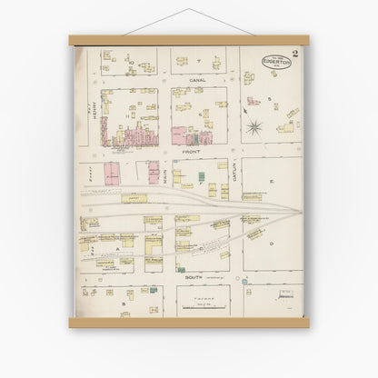 Old map wall art mockup — magnetic wood frame on white wall — Sanborn Fire Insurance Map from Edgerton, Rock County, Wisconsin (1886), Sheet #0002