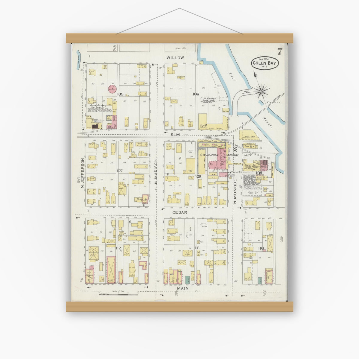 Old map wall art mockup — magnetic wood frame on white wall — Sanborn Fire Insurance Map from Green Bay, Brown County, Wisconsin (1894), Sheet #0007