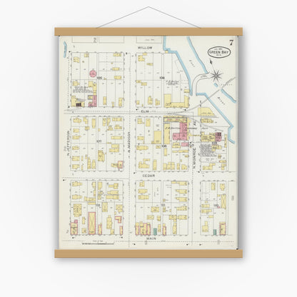 Old map wall art mockup — magnetic wood frame on white wall — Sanborn Fire Insurance Map from Green Bay, Brown County, Wisconsin (1894), Sheet #0007