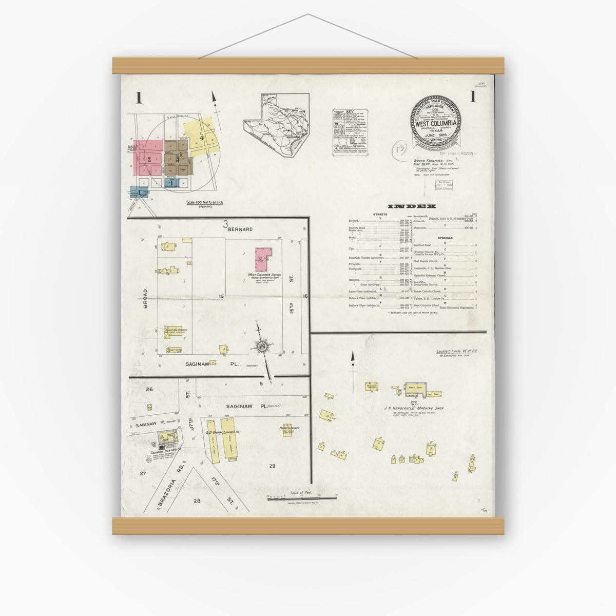 Old map wall art mockup — magnetic wood frame on white wall — Sanborn Fire Insurance Map from West Columbia, Brazoria County, Texas (1926) - Complete Map Set
