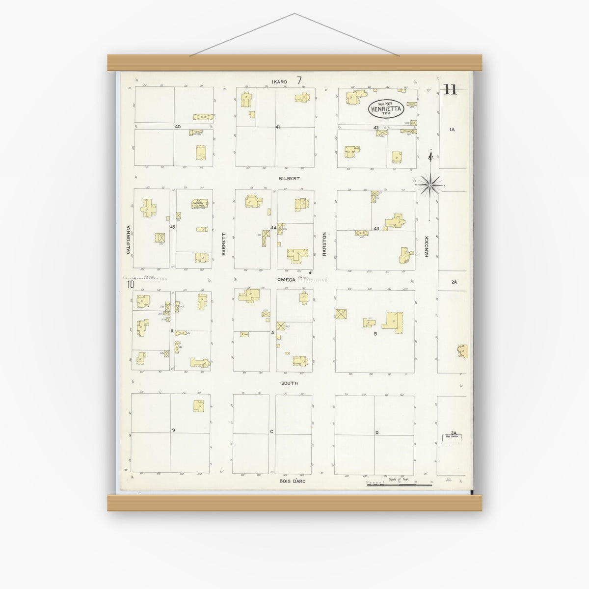 Old map wall art mockup — magnetic wood frame on white wall — Sanborn Fire Insurance Map from Henrietta, Clay County, Texas (1907), Sheet #0011