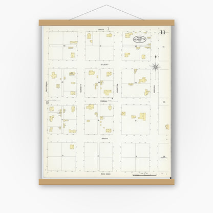 Old map wall art mockup — magnetic wood frame on white wall — Sanborn Fire Insurance Map from Henrietta, Clay County, Texas (1907), Sheet #0011