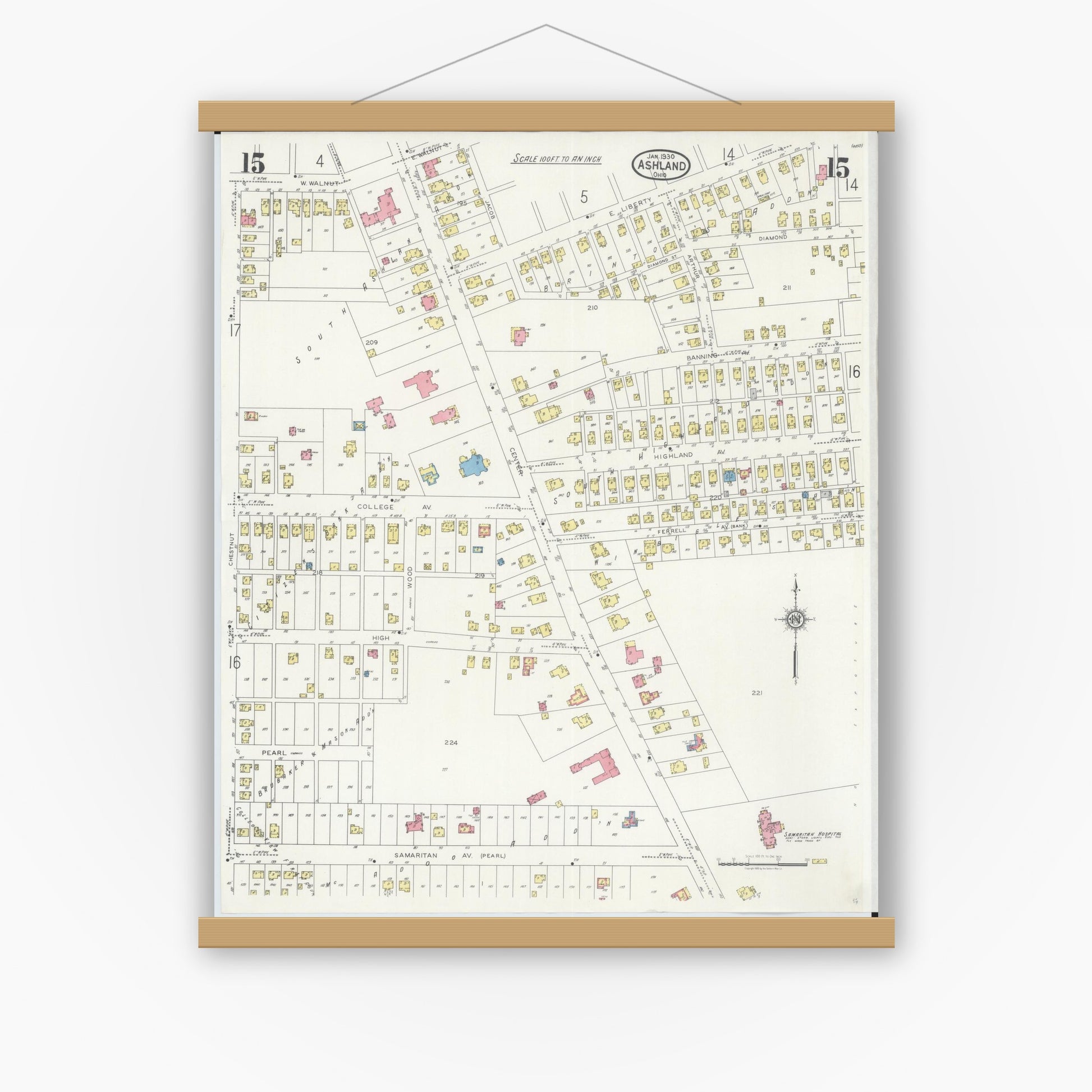 Old map wall art mockup — magnetic wood frame on white wall — Sanborn Fire Insurance Map from Ashland, Ashland County, Ohio (1930), Sheet #0015