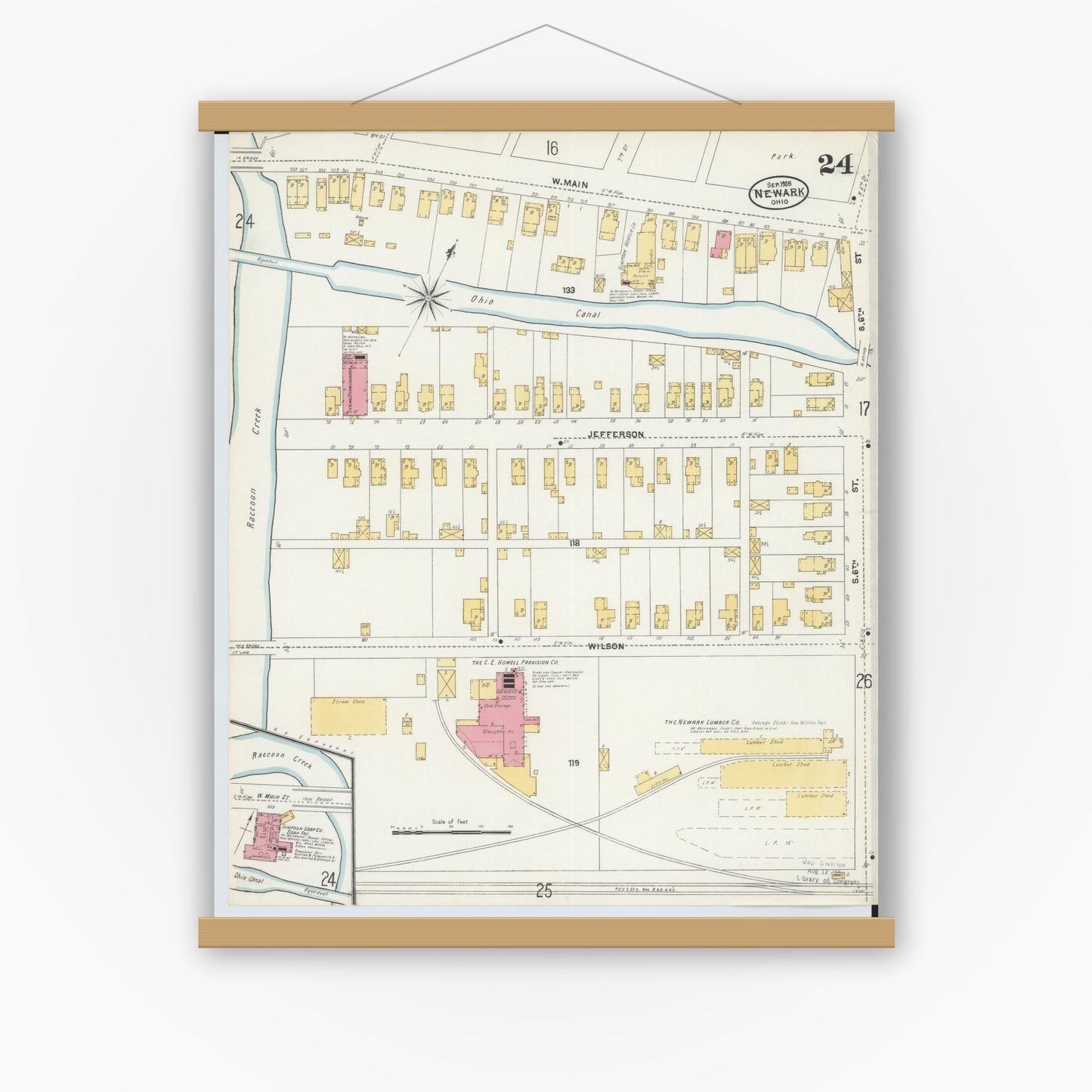 Old map wall art mockup — magnetic wood frame on white wall — Sanborn Fire Insurance Map from Newark, Licking County, Ohio (1905), Sheet #0024