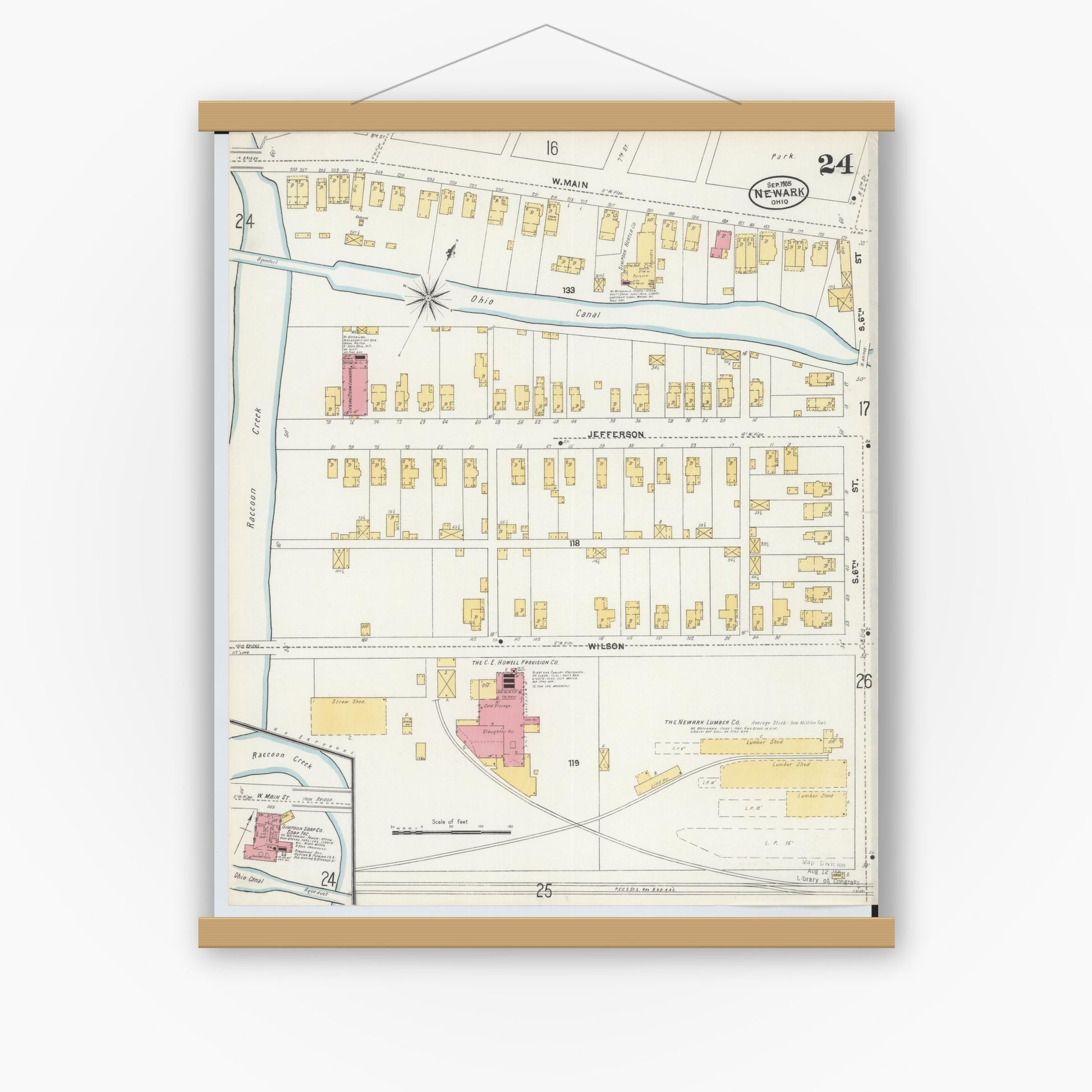 Old map wall art mockup — magnetic wood frame on white wall — Sanborn Fire Insurance Map from Newark, Licking County, Ohio (1905), Sheet #0024