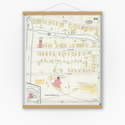 Old map wall art mockup — magnetic wood frame on white wall — Sanborn Fire Insurance Map from Newark, Licking County, Ohio (1905), Sheet #0024