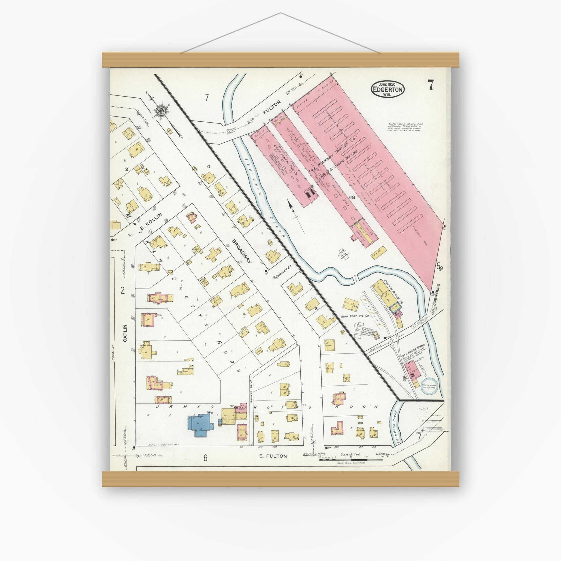 Old map wall art mockup — magnetic wood frame on white wall — Sanborn Fire Insurance Map from Edgerton, Rock County, Wisconsin (1920), Sheet #0007