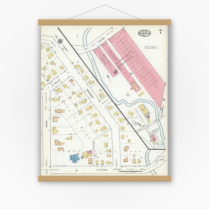 Old map wall art mockup — magnetic wood frame on white wall — Sanborn Fire Insurance Map from Edgerton, Rock County, Wisconsin (1920), Sheet #0007