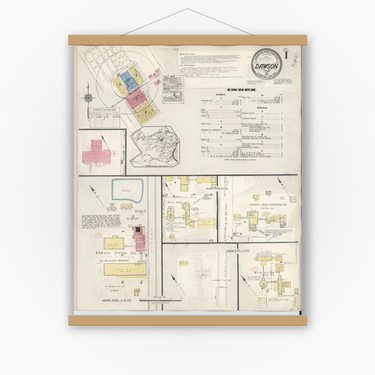 Old map wall art mockup — magnetic wood frame on white wall — Sanborn Fire Insurance Map from Dawson, Navarro County, Texas (1943) - Complete Map Set