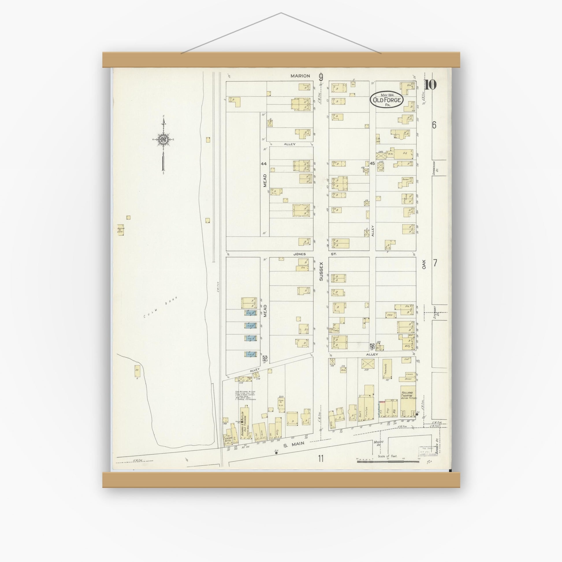 Old map wall art mockup — magnetic wood frame on white wall — Sanborn Fire Insurance Map from Old Forge, Lackawanna County, Pennsylvania (1914), Sheet #0010