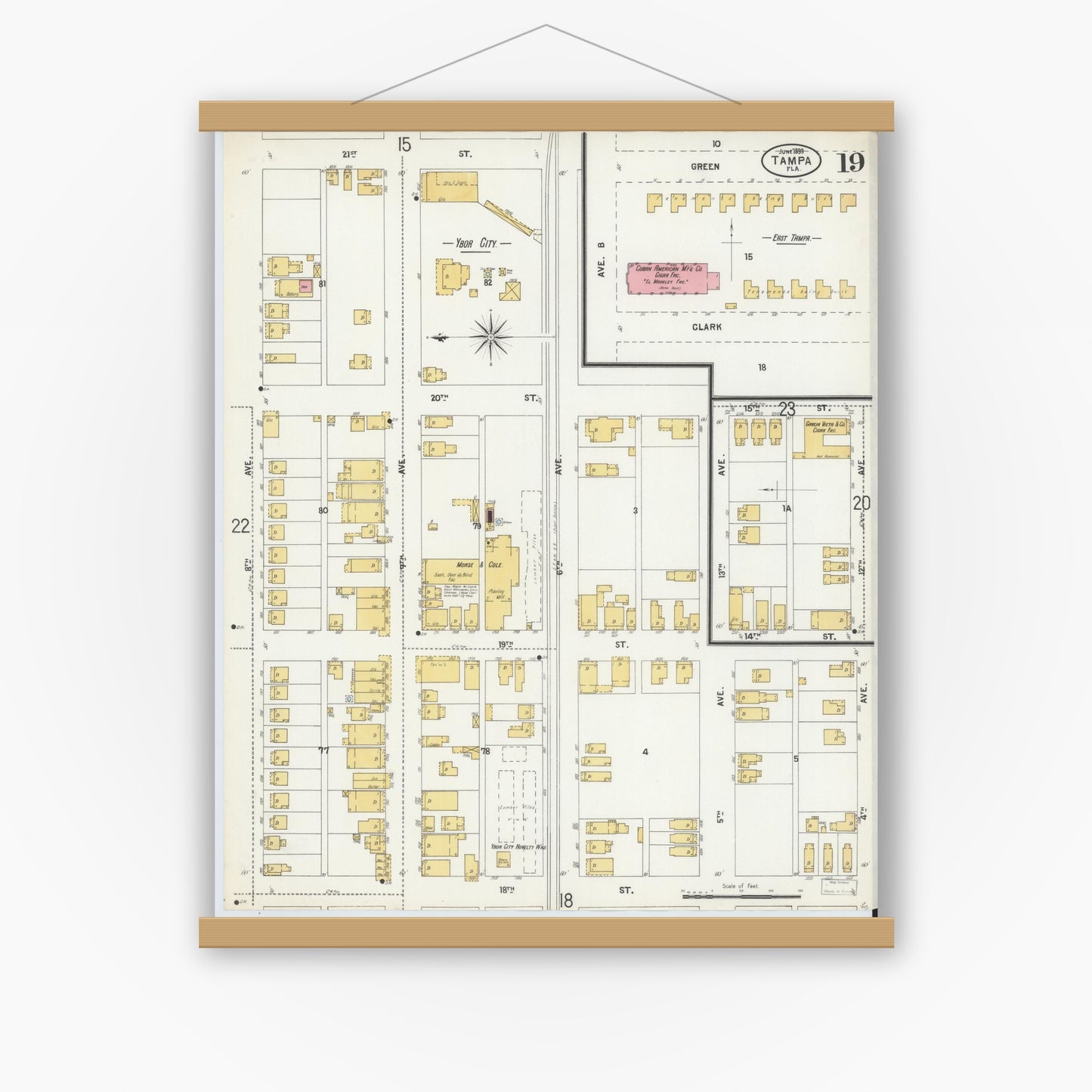 Old map wall art mockup — magnetic wood frame on white wall — Sanborn Fire Insurance Map from Tampa, Hillsborough County, Florida (1899), Sheet #0019