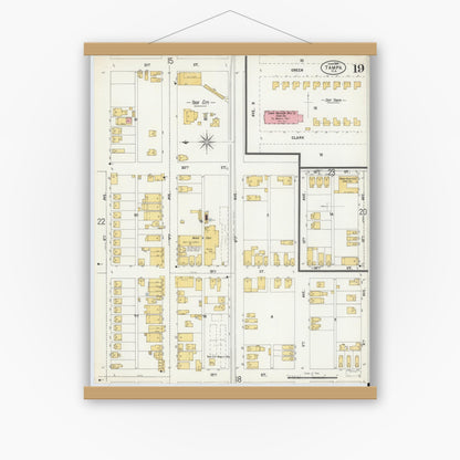 Old map wall art mockup — magnetic wood frame on white wall — Sanborn Fire Insurance Map from Tampa, Hillsborough County, Florida (1899), Sheet #0019