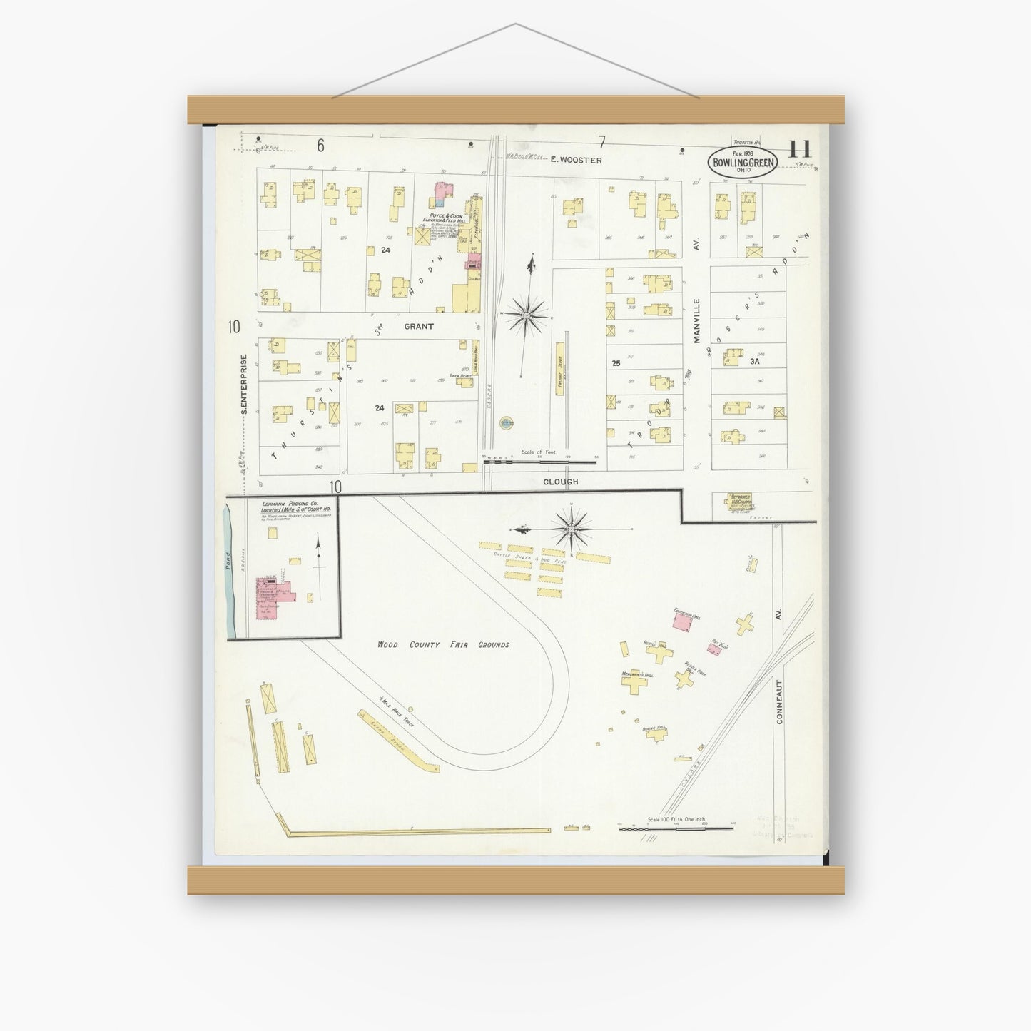 Old map wall art mockup — magnetic wood frame on white wall — Sanborn Fire Insurance Map from Bowling Green, Wood County, Ohio (1908), Sheet #0011