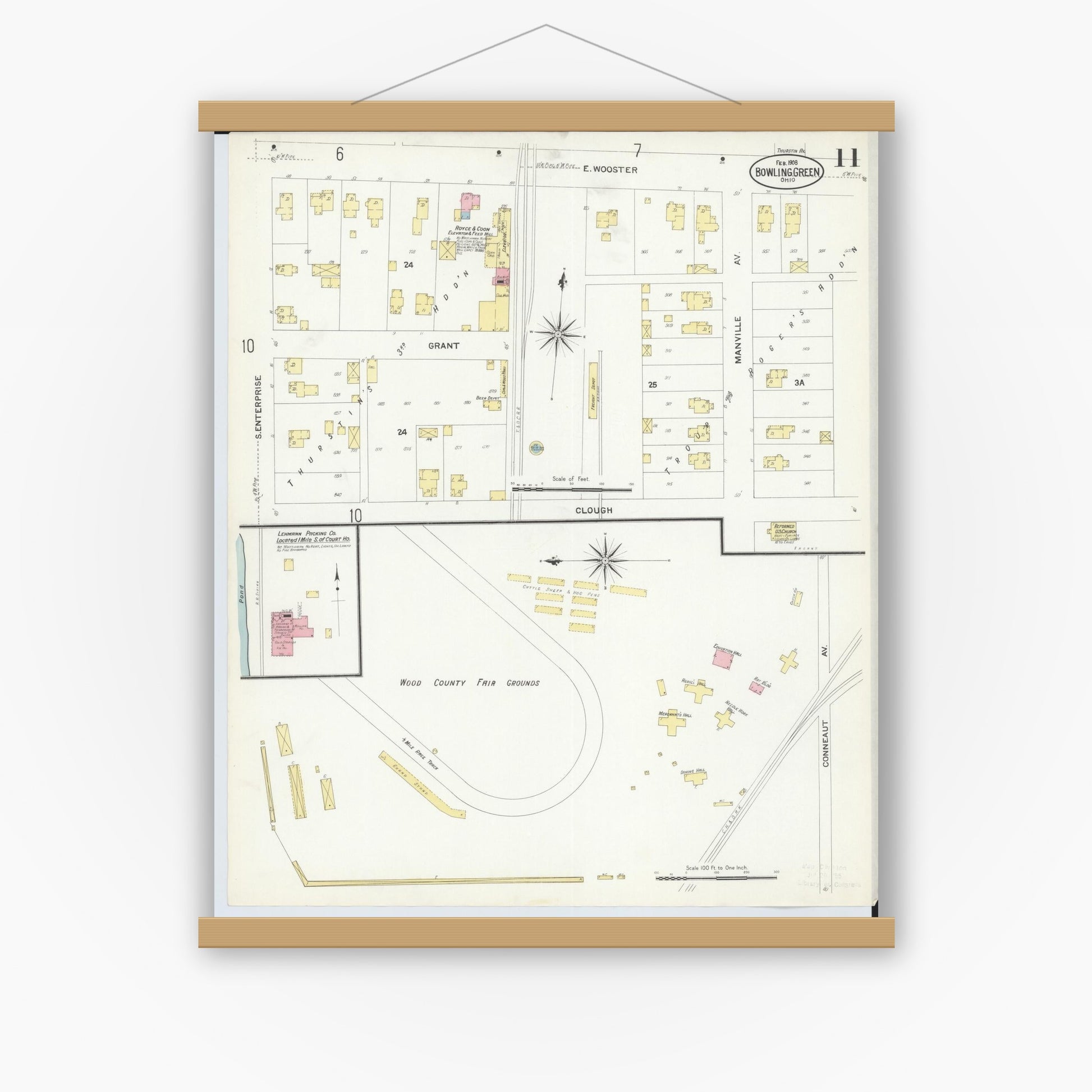 Old map wall art mockup — magnetic wood frame on white wall — Sanborn Fire Insurance Map from Bowling Green, Wood County, Ohio (1908), Sheet #0011