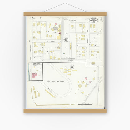 Old map wall art mockup — magnetic wood frame on white wall — Sanborn Fire Insurance Map from Bowling Green, Wood County, Ohio (1908), Sheet #0011