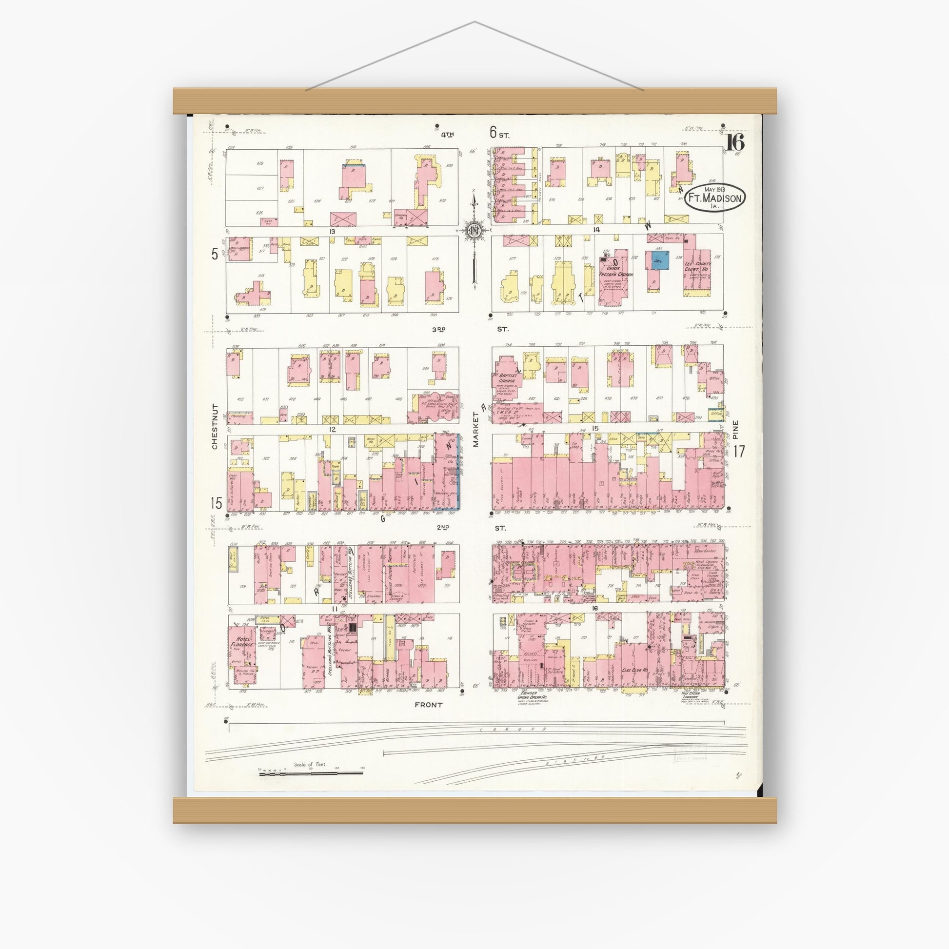 Old map wall art mockup — magnetic wood frame on white wall — Sanborn Fire Insurance Map from Fort Madison, Lee County, Iowa (1913), Sheet #0016