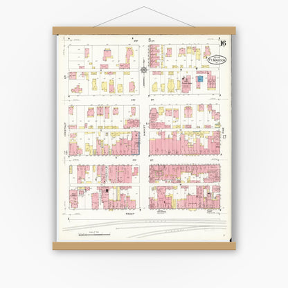 Old map wall art mockup — magnetic wood frame on white wall — Sanborn Fire Insurance Map from Fort Madison, Lee County, Iowa (1913), Sheet #0016
