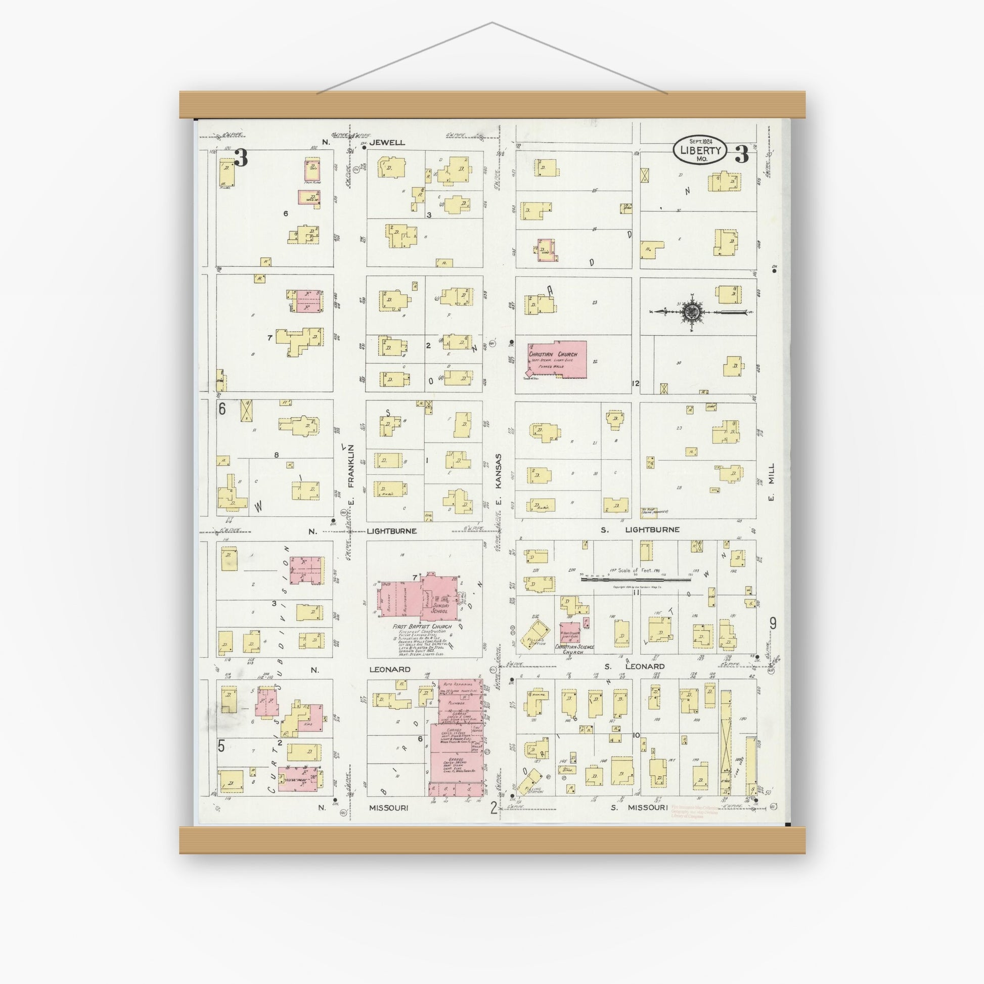 Old map wall art mockup — magnetic wood frame on white wall — Sanborn Fire Insurance Map from Leadwood, Saint Francois County, Missouri (1927), Sheet #0003