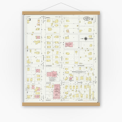 Old map wall art mockup — magnetic wood frame on white wall — Sanborn Fire Insurance Map from Leadwood, Saint Francois County, Missouri (1927), Sheet #0003