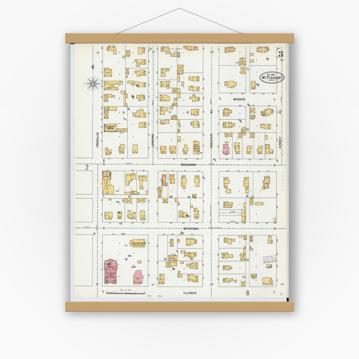 Old map wall art mockup — magnetic wood frame on white wall — Sanborn Fire Insurance Map from Mount Pleasant, Isabella County, Michigan (1900), Sheet #0003