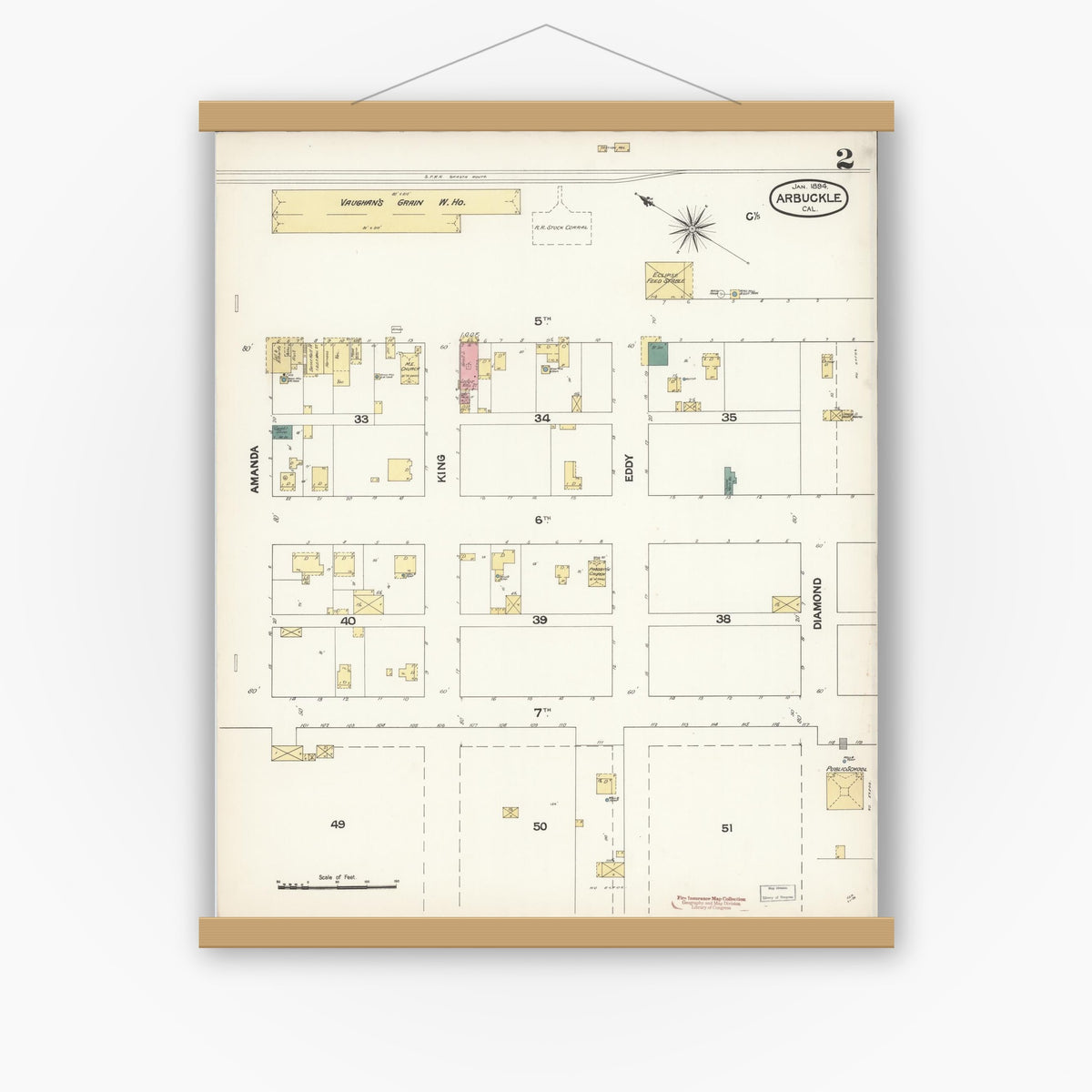 Old map wall art mockup — magnetic wood frame on white wall — Sanborn Fire Insurance Map from Arbuckle, Colusa County, California (1894), Sheet #0002