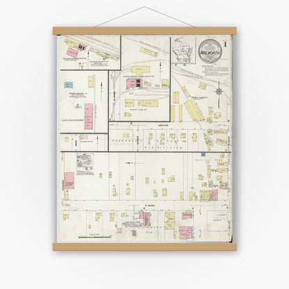 Old map wall art mockup — magnetic wood frame on white wall — Sanborn Fire Insurance Map from Walworth, Walworth County, Wisconsin (1912), Sheet #0001