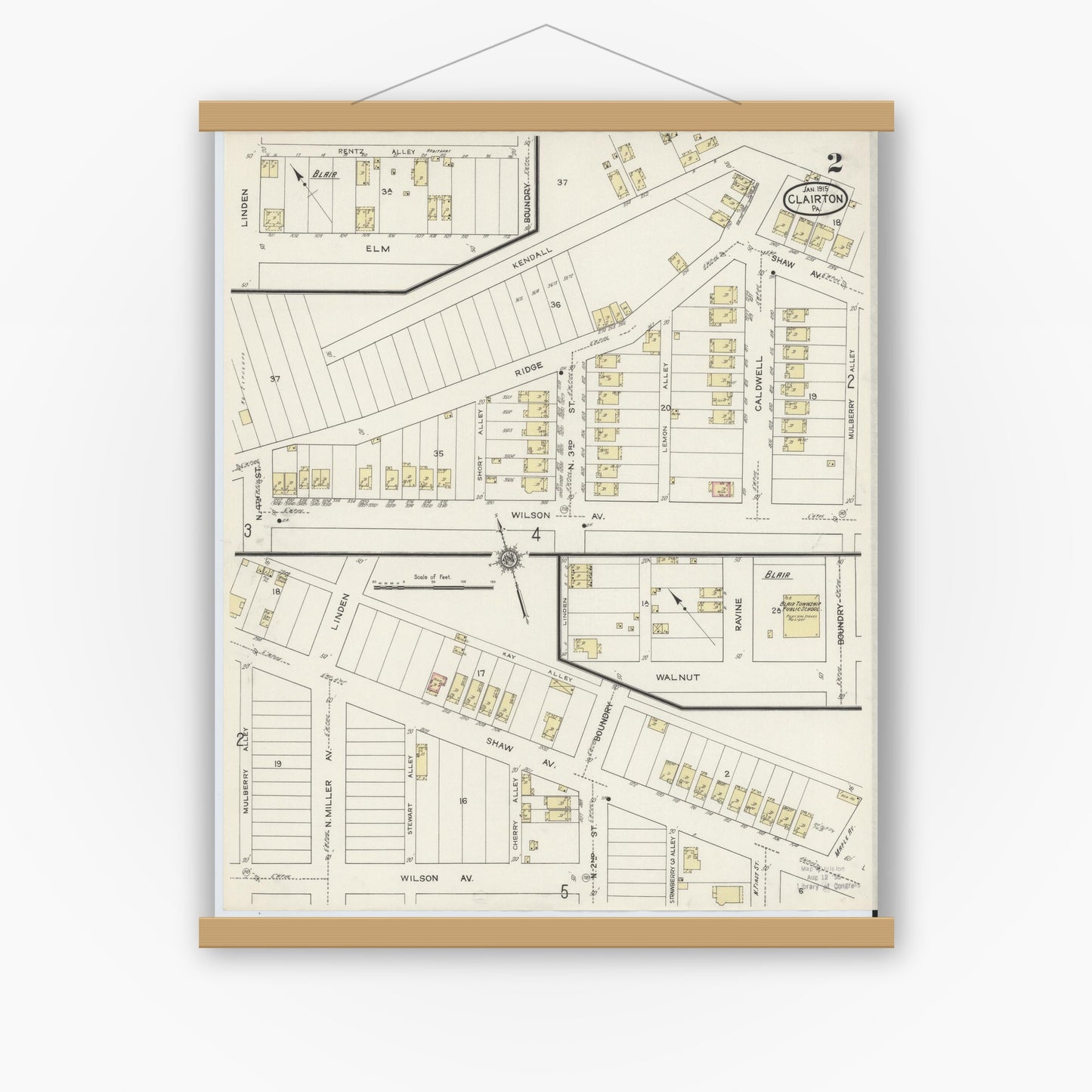 Old map wall art mockup — magnetic wood frame on white wall — Sanborn Fire Insurance Map from Clairton, Allegheny County, Pennsylvania (1915), Sheet #0002