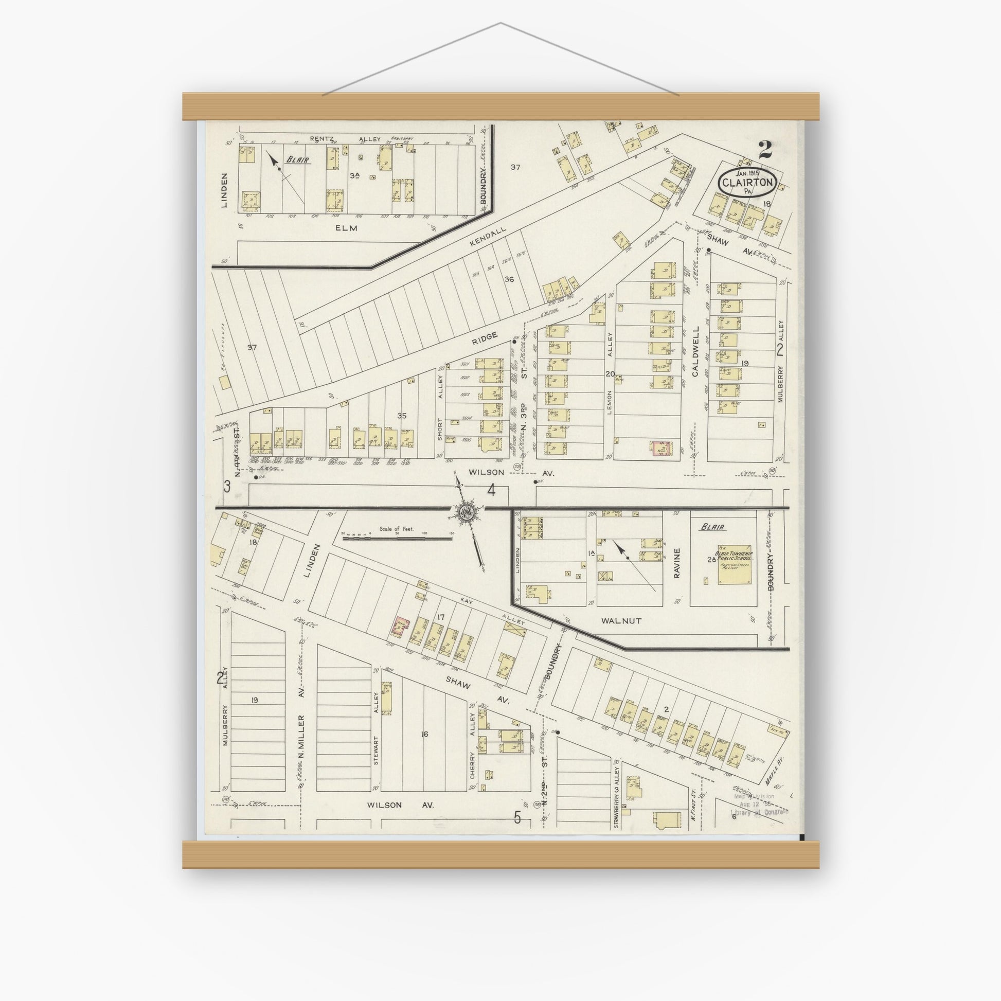 Old map wall art mockup — magnetic wood frame on white wall — Sanborn Fire Insurance Map from Clairton, Allegheny County, Pennsylvania (1915), Sheet #0002