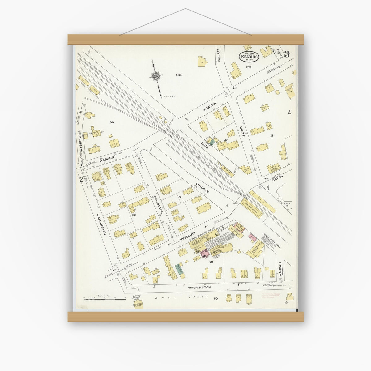 Old map wall art mockup — magnetic wood frame on white wall — Sanborn Fire Insurance Map from Reading, Middlesex County, Massachusetts (1909), Sheet #0003