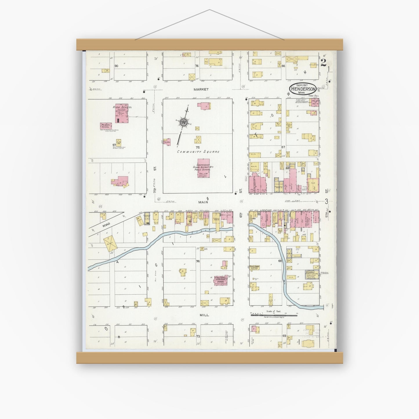 Old map wall art mockup — magnetic wood frame on white wall — Sanborn Fire Insurance Map from Henderson, Sibley County, Minnesota (1917), Sheet #0002