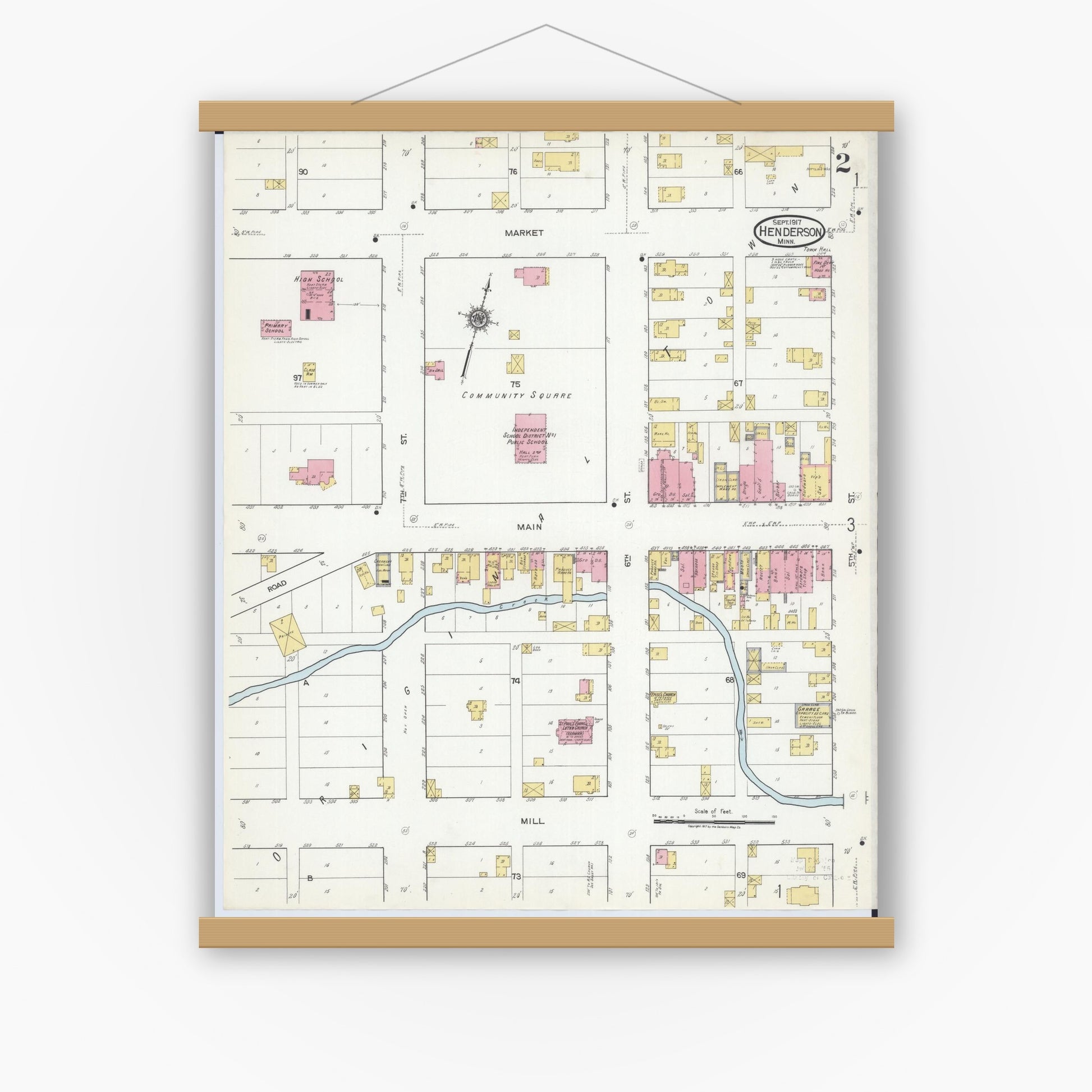 Old map wall art mockup — magnetic wood frame on white wall — Sanborn Fire Insurance Map from Henderson, Sibley County, Minnesota (1917), Sheet #0002