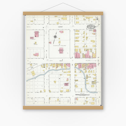 Old map wall art mockup — magnetic wood frame on white wall — Sanborn Fire Insurance Map from Henderson, Sibley County, Minnesota (1917), Sheet #0002