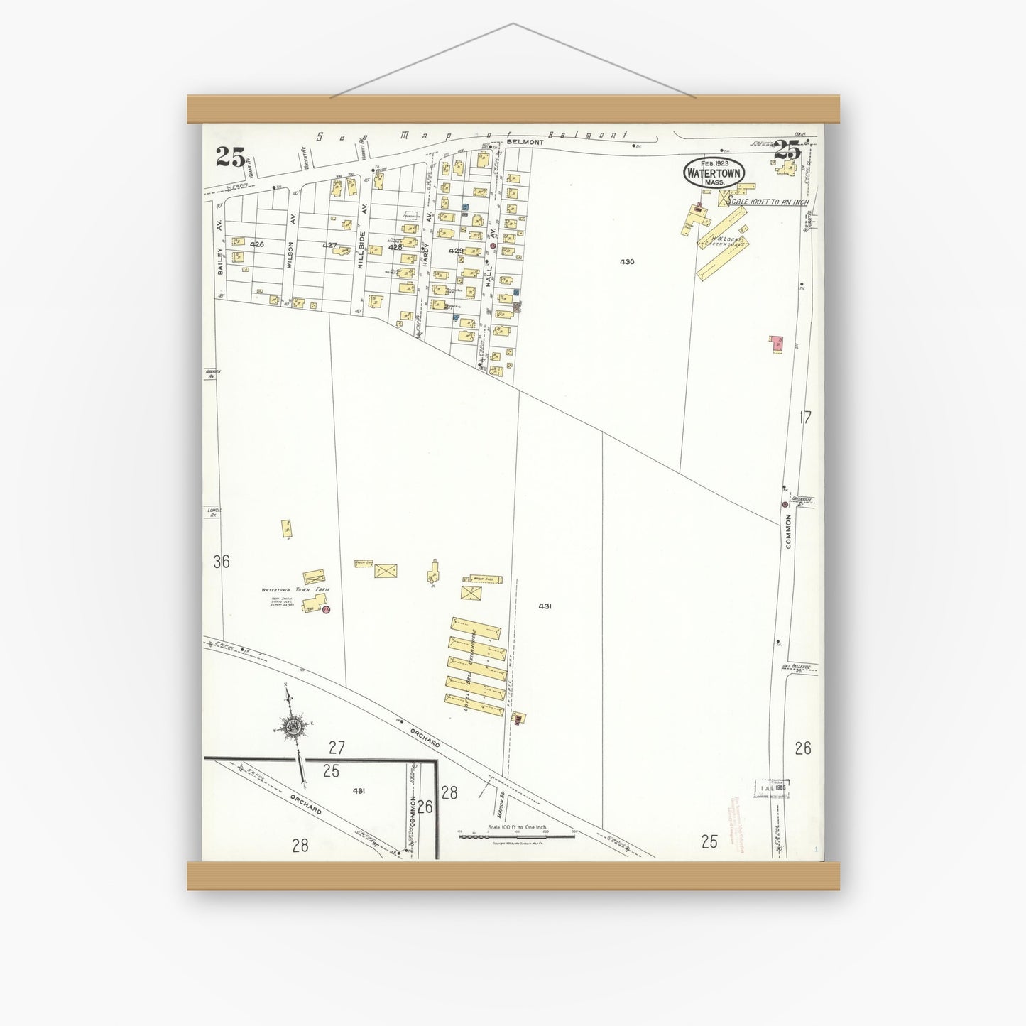 Old map wall art mockup — magnetic wood frame on white wall — Sanborn Fire Insurance Map from Watertown, Middlesex County, Massachusetts (1923), Sheet #0025