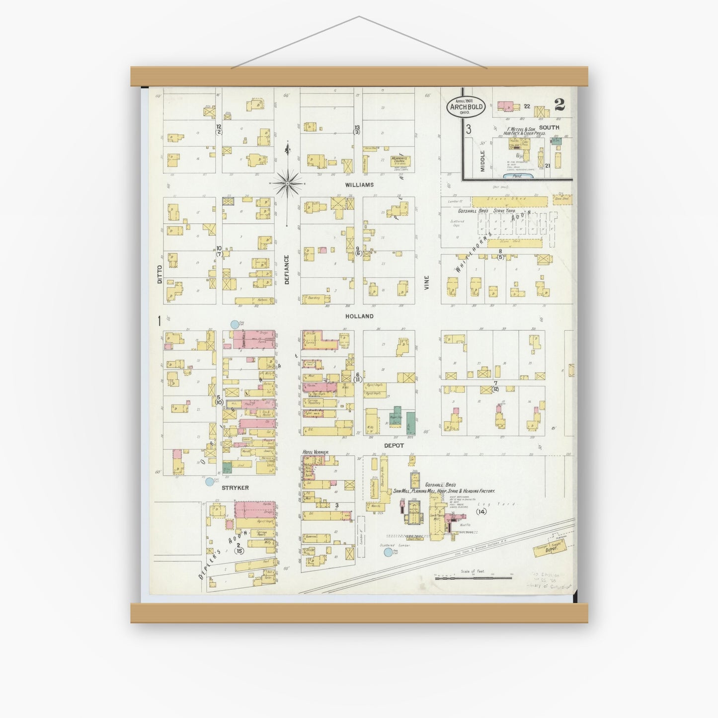 Old map wall art mockup — magnetic wood frame on white wall — Sanborn Fire Insurance Map from Archbold, Fulton County, Ohio (1901), Sheet #0002