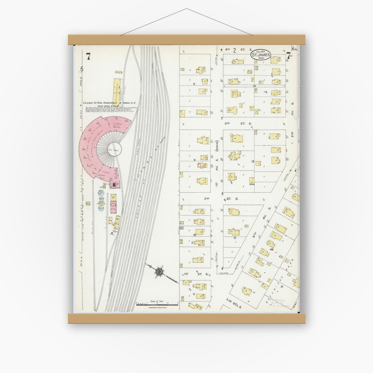 Old map wall art mockup — magnetic wood frame on white wall — Sanborn Fire Insurance Map from Saint James, Watonwan County, Minnesota (1924), Sheet #0007