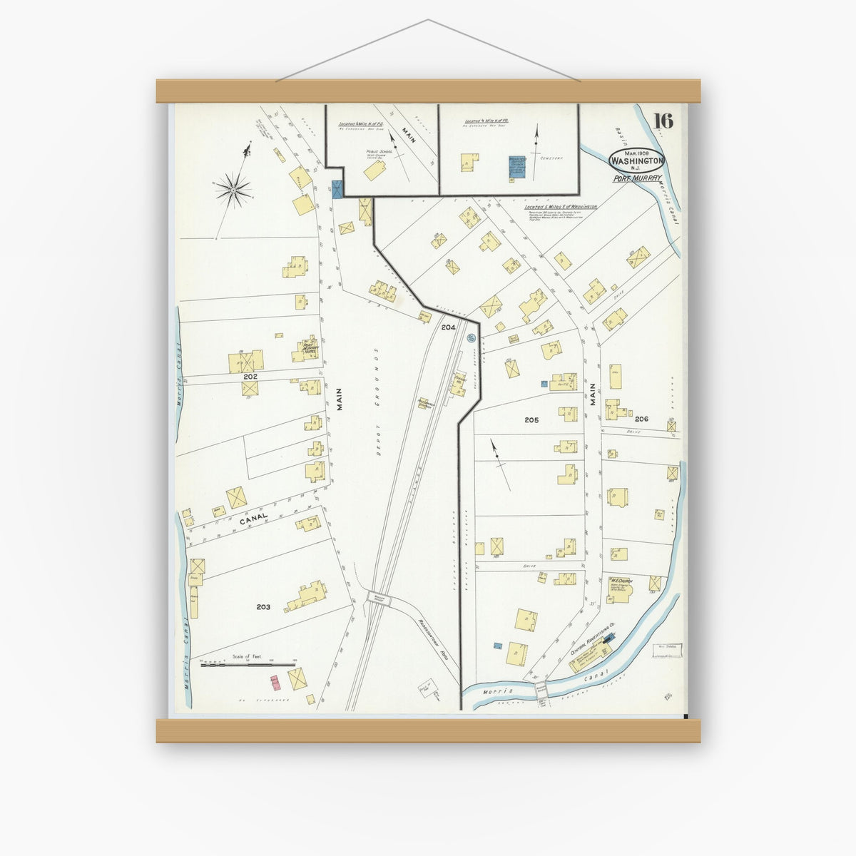 Old map wall art mockup — magnetic wood frame on white wall — Sanborn Fire Insurance Map from Washington, Warren County, New Jersey (1909), Sheet #0016