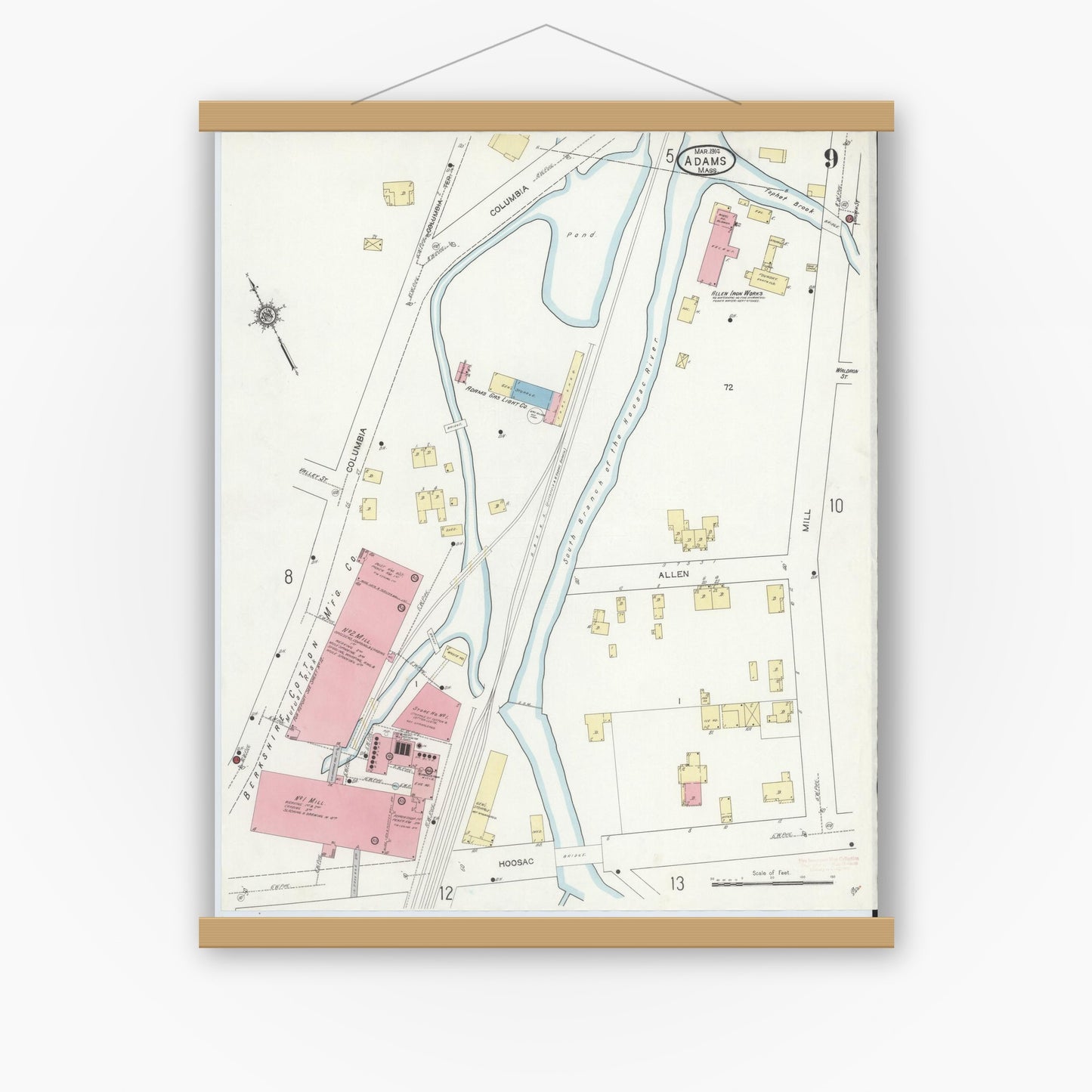 Old map wall art mockup — magnetic wood frame on white wall — Sanborn Fire Insurance Map from Adams, Berkshire County, Massachusetts (1914), Sheet #0009