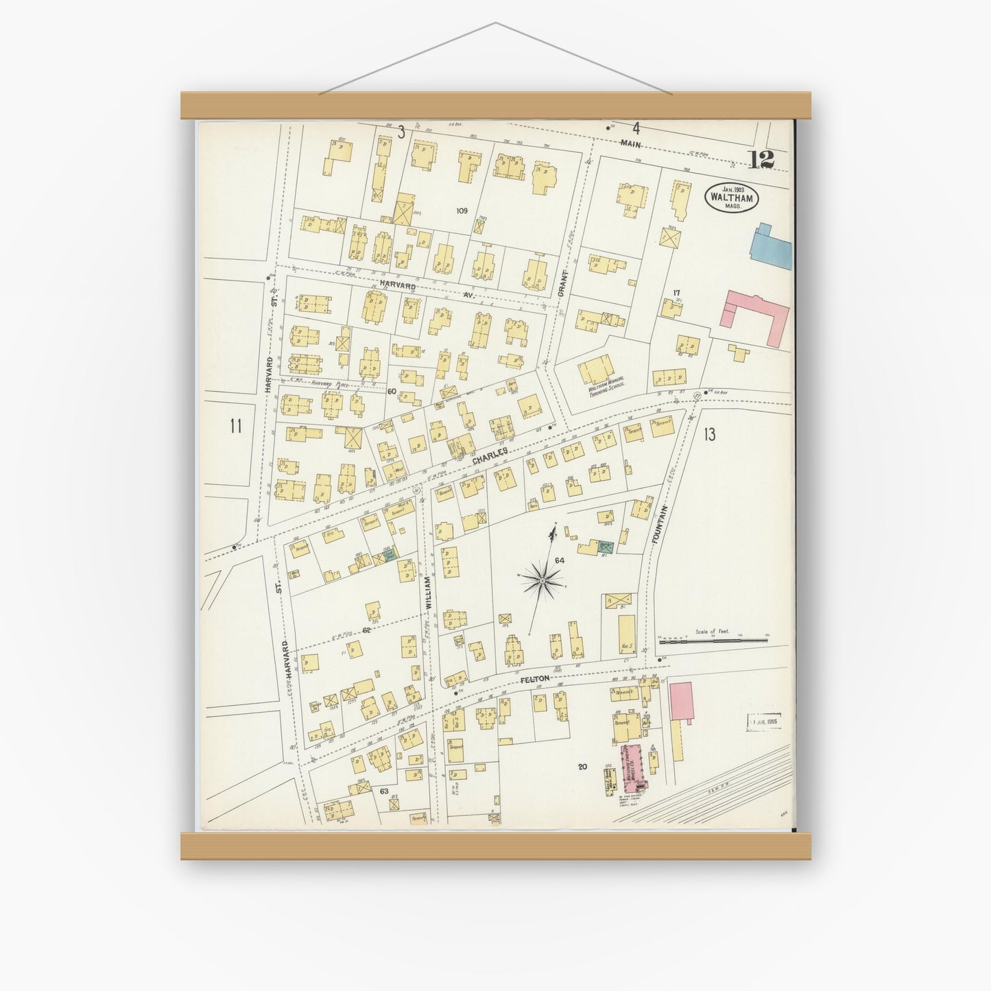 Old map wall art mockup — magnetic wood frame on white wall — Sanborn Fire Insurance Map from Waltham, Middlesex County, Massachusetts (1903), Sheet #0012