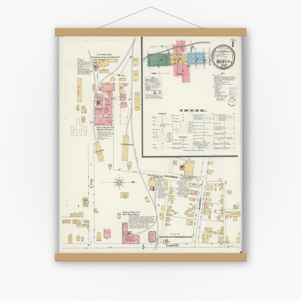 Old map wall art mockup — magnetic wood frame on white wall — Sanborn Fire Insurance Map from Muncy, Lycoming County, Pennsylvania (1901), Sheet #0001