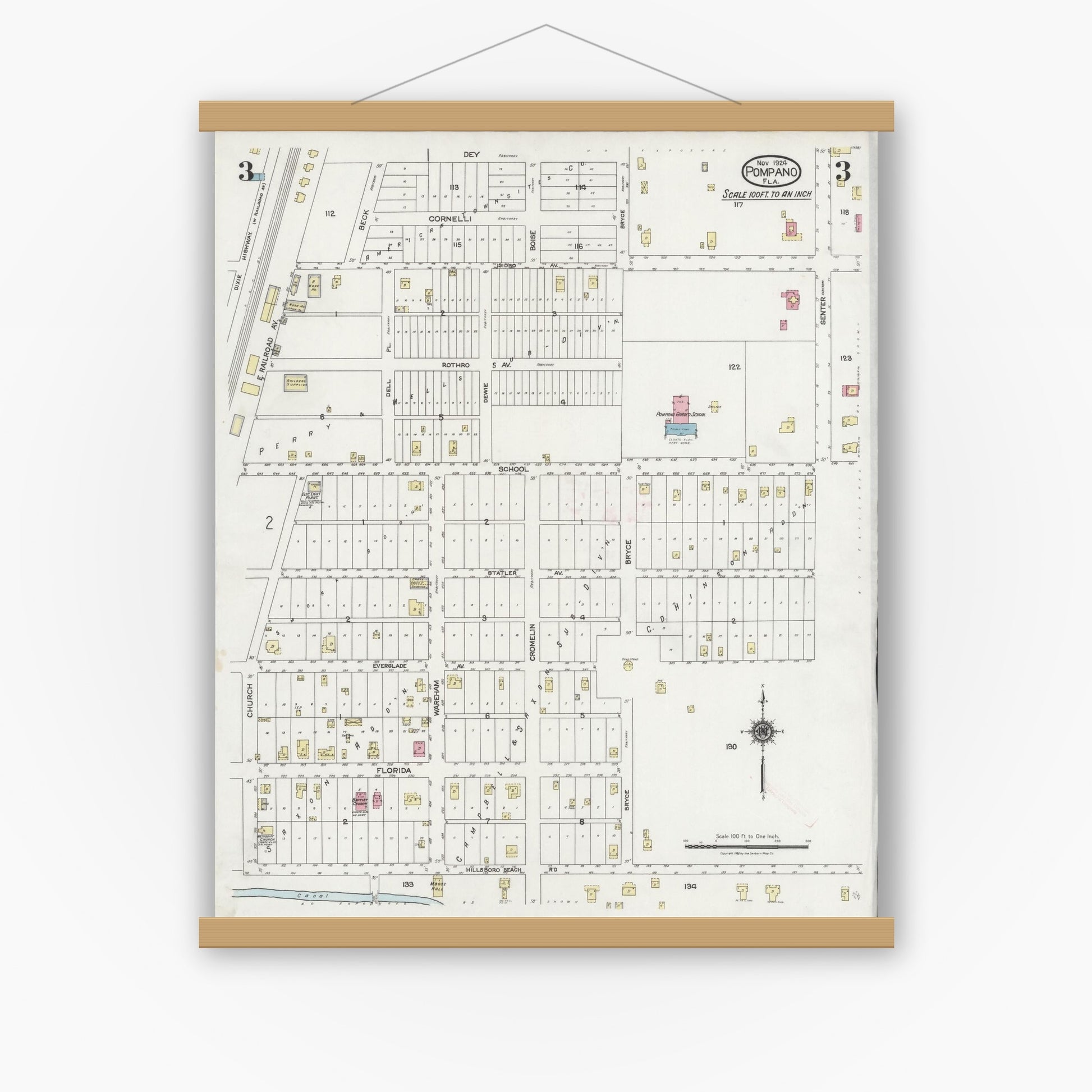 Old map wall art mockup — magnetic wood frame on white wall — Sanborn Fire Insurance Map from Pompano, Broward County, Florida (1924), Sheet #0003