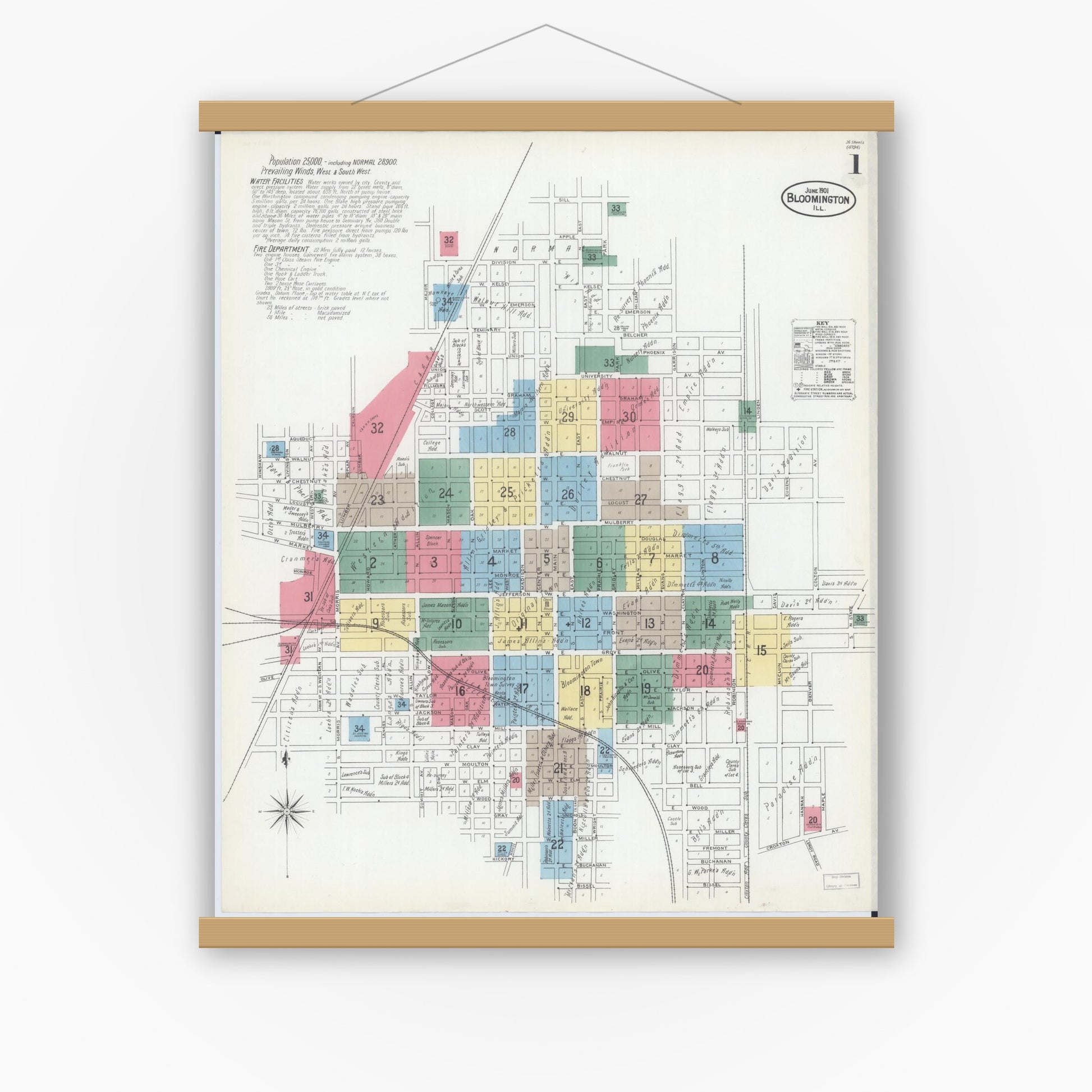 Old map wall art mockup — magnetic wood frame on white wall — Sanborn Fire Insurance Map from Bloomington, McLean County, Illinois (1901), Sheet #0001