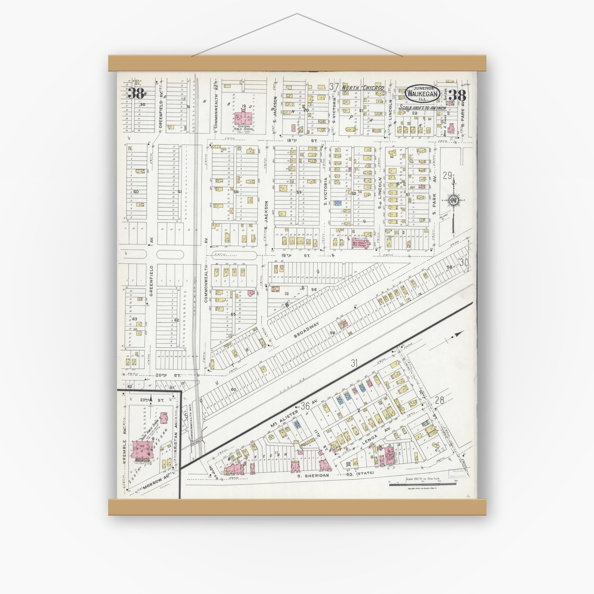 Old map wall art mockup — magnetic wood frame on white wall — Sanborn Fire Insurance Map from Waukegan, Lake County, Illinois (1924), Sheet #0038