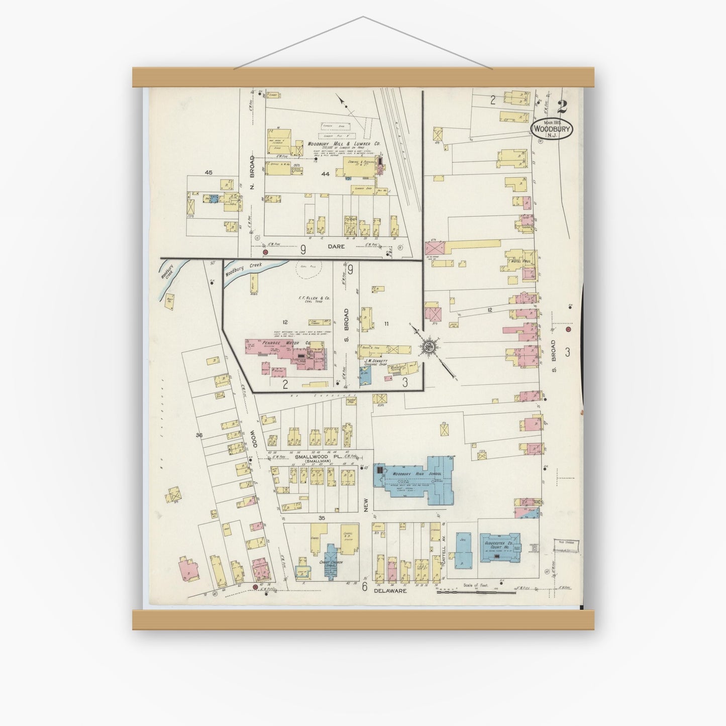 Old map wall art mockup — magnetic wood frame on white wall — Sanborn Fire Insurance Map from Woodbury, Gloucester County, New Jersey (1915), Sheet #0002