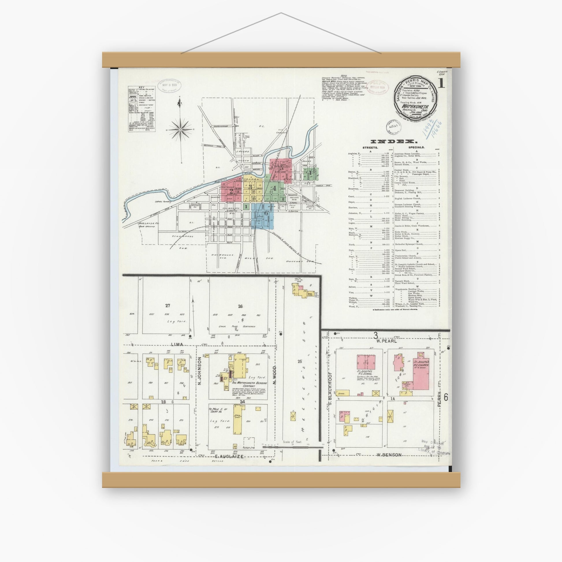 Old map wall art mockup — magnetic wood frame on white wall — Sanborn Fire Insurance Map from Wapakoneta, Auglaize County, Ohio (1899), Sheet #0001