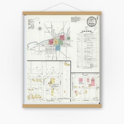 Old map wall art mockup — magnetic wood frame on white wall — Sanborn Fire Insurance Map from Wapakoneta, Auglaize County, Ohio (1899), Sheet #0001