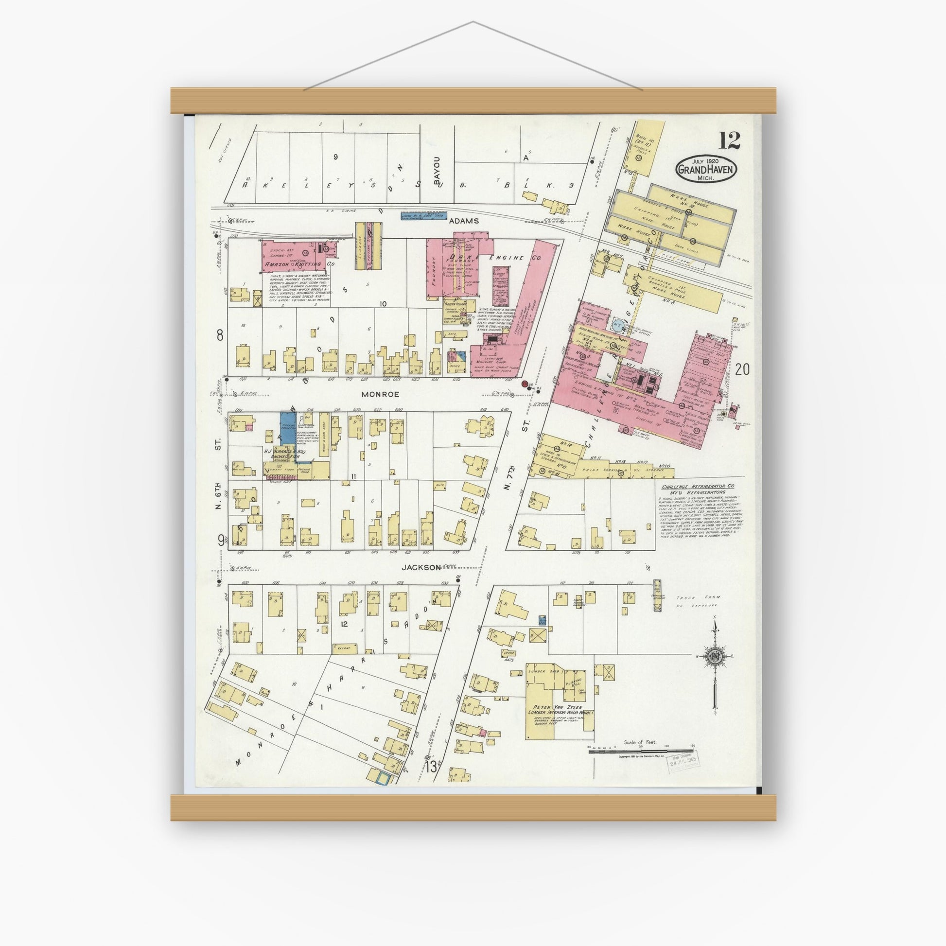 Old map wall art mockup — magnetic wood frame on white wall — Sanborn Fire Insurance Map from Grand Haven, Ottawa County, Michigan (1920), Sheet #0012