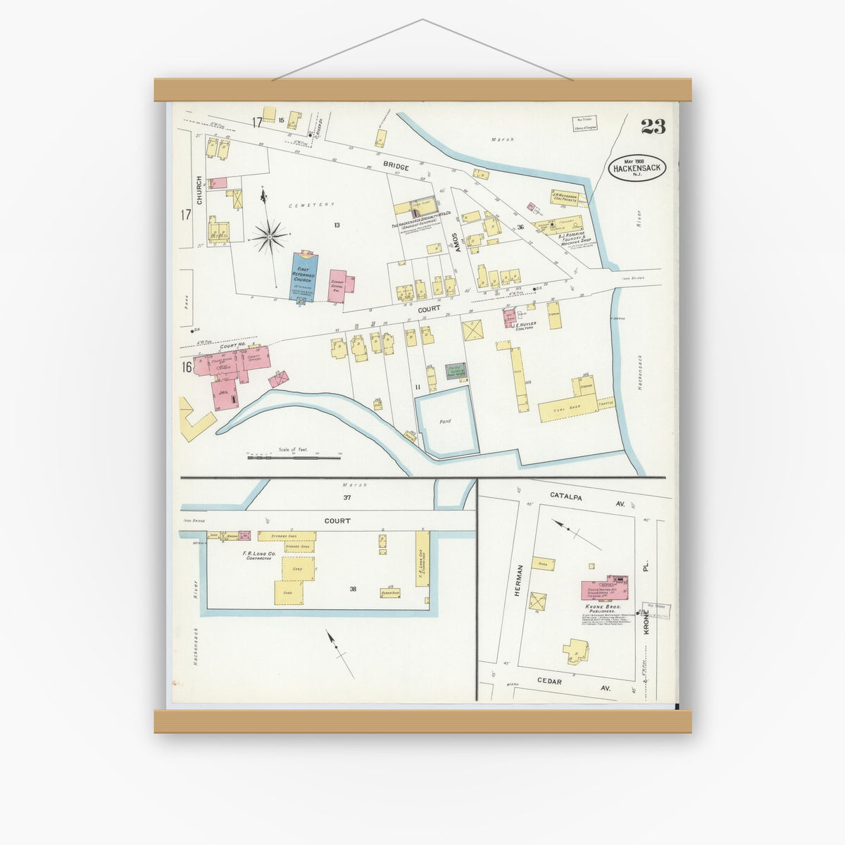 Old map wall art mockup — magnetic wood frame on white wall — Sanborn Fire Insurance Map from Hackensack, Bergen County, New Jersey (1908), Sheet #0023