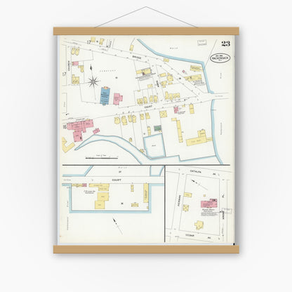 Old map wall art mockup — magnetic wood frame on white wall — Sanborn Fire Insurance Map from Hackensack, Bergen County, New Jersey (1908), Sheet #0023