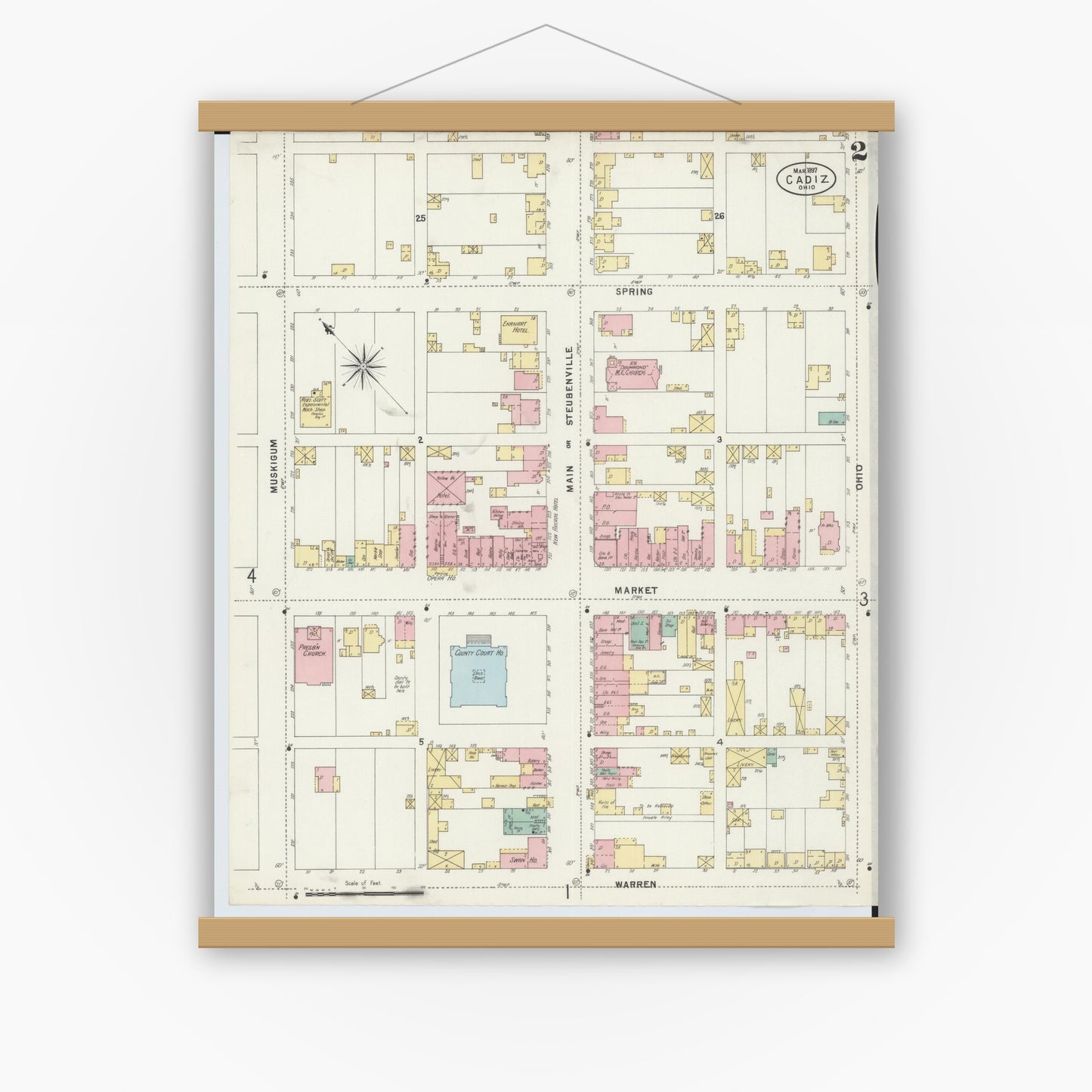 Old map wall art mockup — magnetic wood frame on white wall — Sanborn Fire Insurance Map from Cadiz, Harrison County, Ohio (1897), Sheet #0002